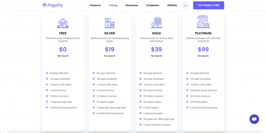 Pagefly Pricing - Free Forever, 10 per month, 30 per month, or 99 per month.